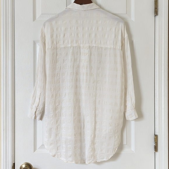 BDG Textured Linen Blend Collared Henley Long Sleeve Tunic Top Ivory Beige XS - Picture 11 of 13